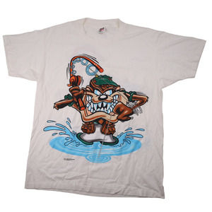 Vintage Looney Tunes Fishing Taz Front Back Print Graphic T Shirt